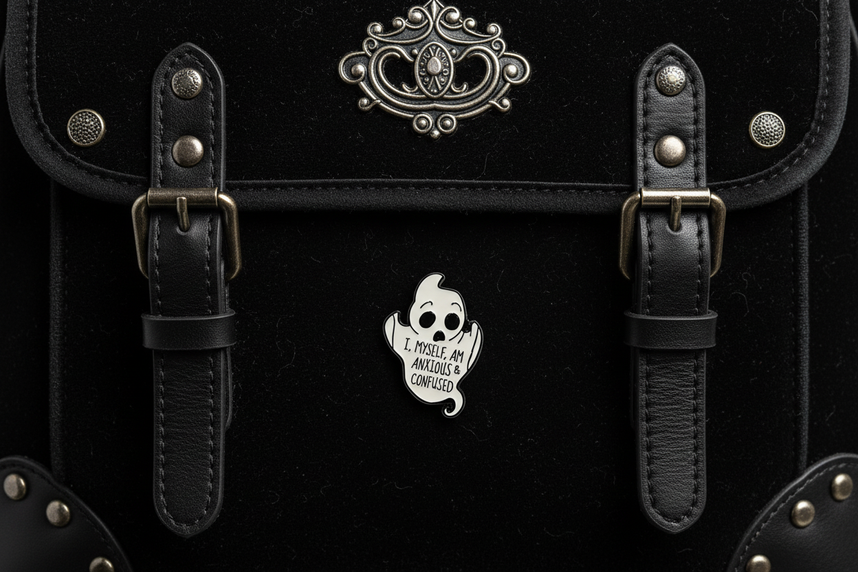 I Myself Am Anxious and Confused Enamel Pin on backpack witchy accessory for customizing bags and school gear