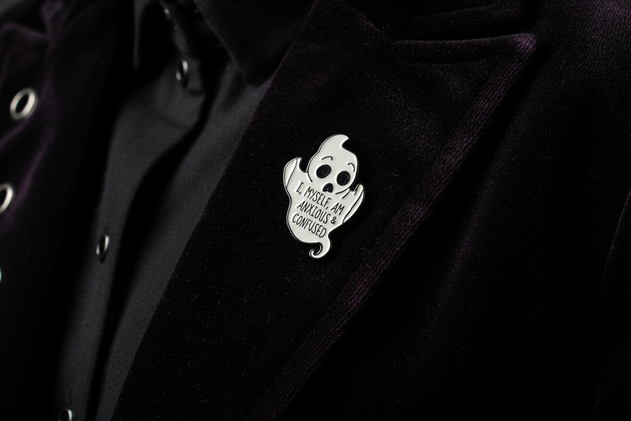 I Myself Am Anxious and Confused Enamel Pin worn on jacket lapel, mental health pin style for everyday wear