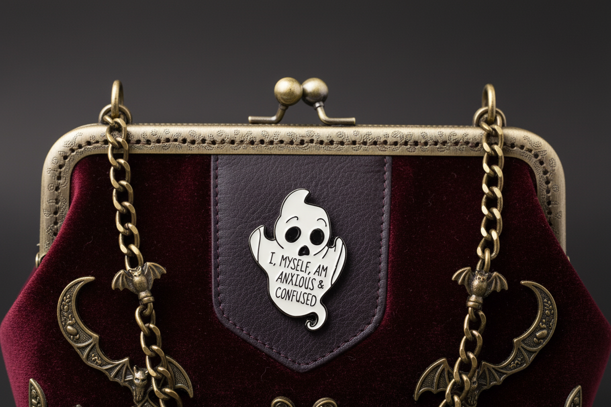 I Myself Am Anxious and Confused Enamel Pin attached to purse gothic brooch accessory for bags and personal style