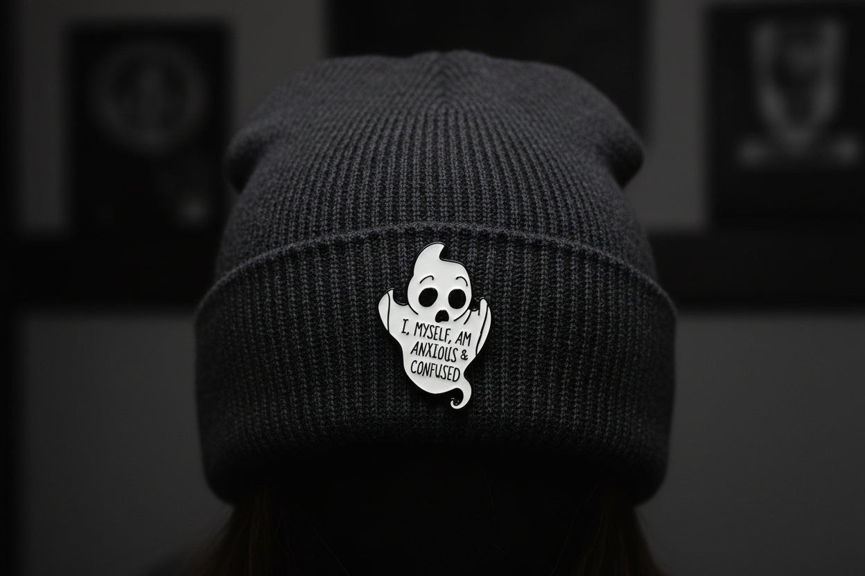 I Myself Am Anxious and Confused Enamel Pin worn on beanie hat alternative enamel pin for casual outfits and street wear