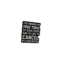 Black square shaped pin with white text on a white background