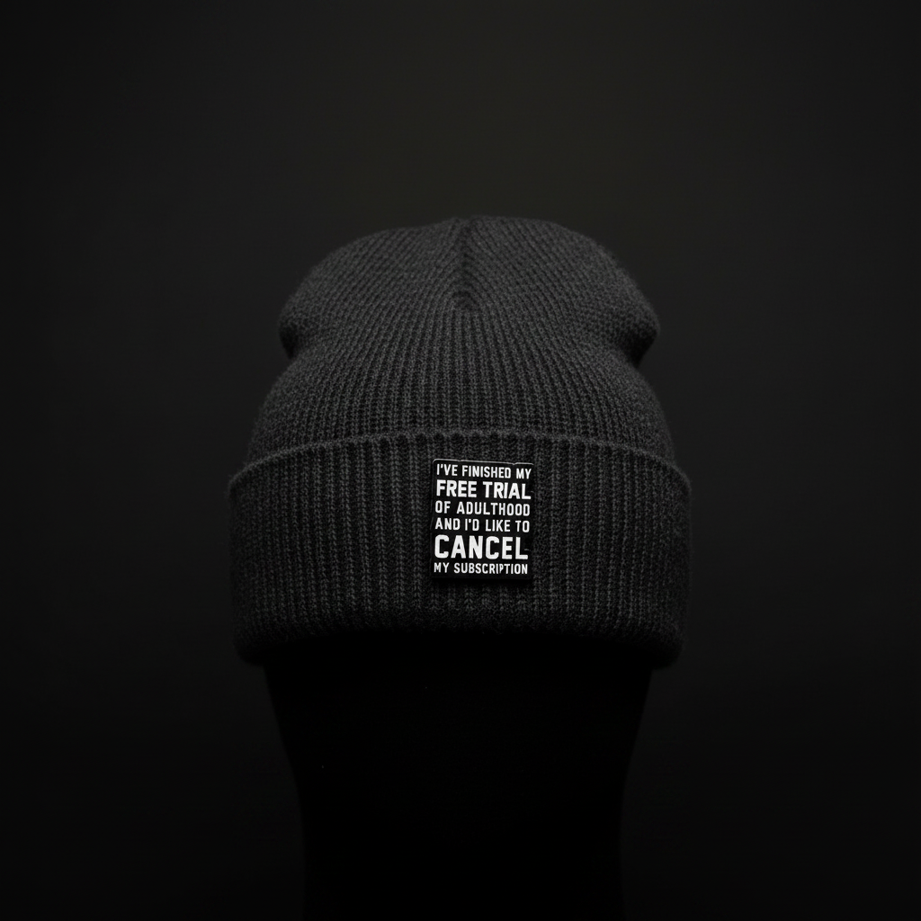 I finished my free trial of adulthood enamel pin worn on beanie hat alternative enamel pin for casual outfits and street wear