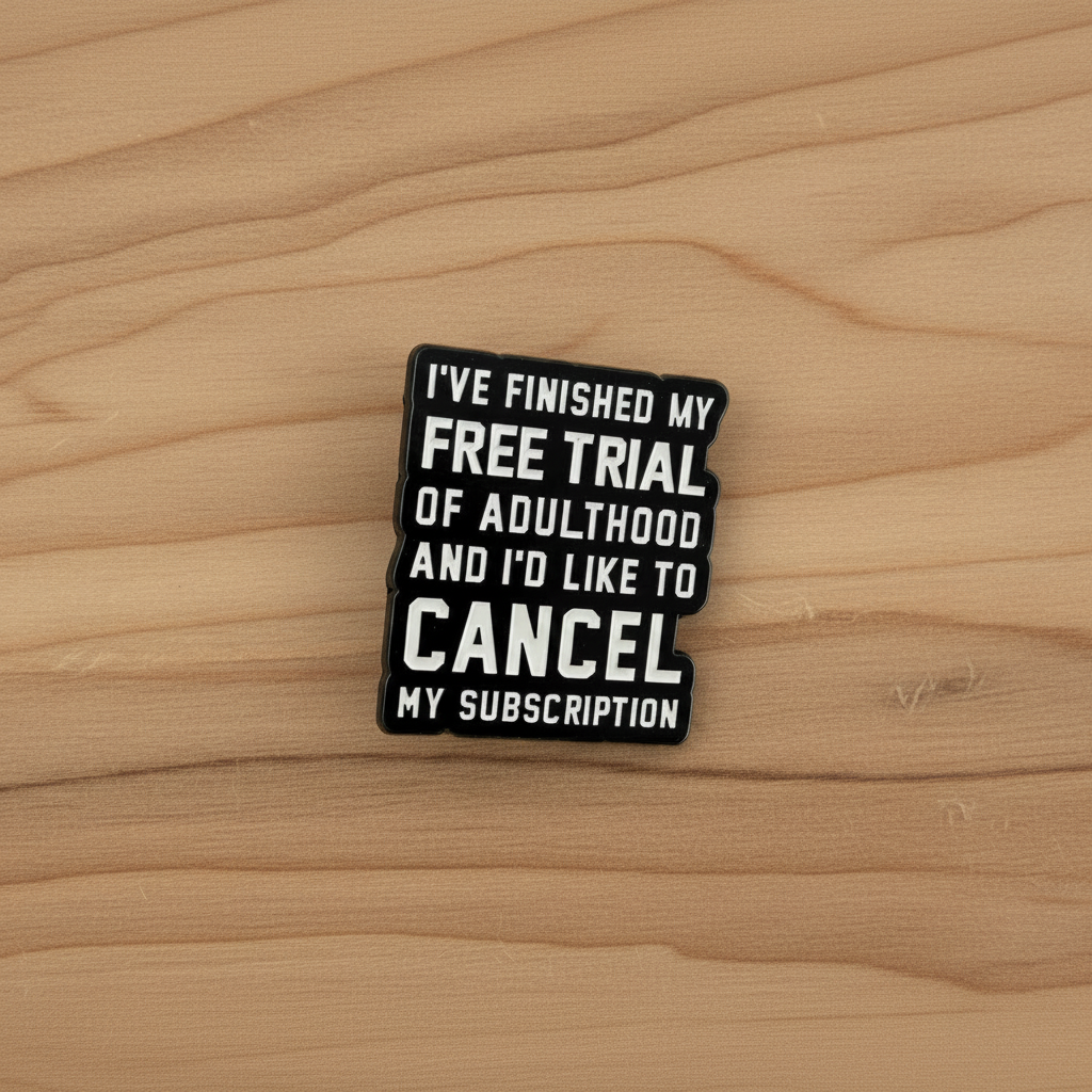 I finished my free trial of adult hood enamel pin on wood background adult enamel pin with black and white text detail