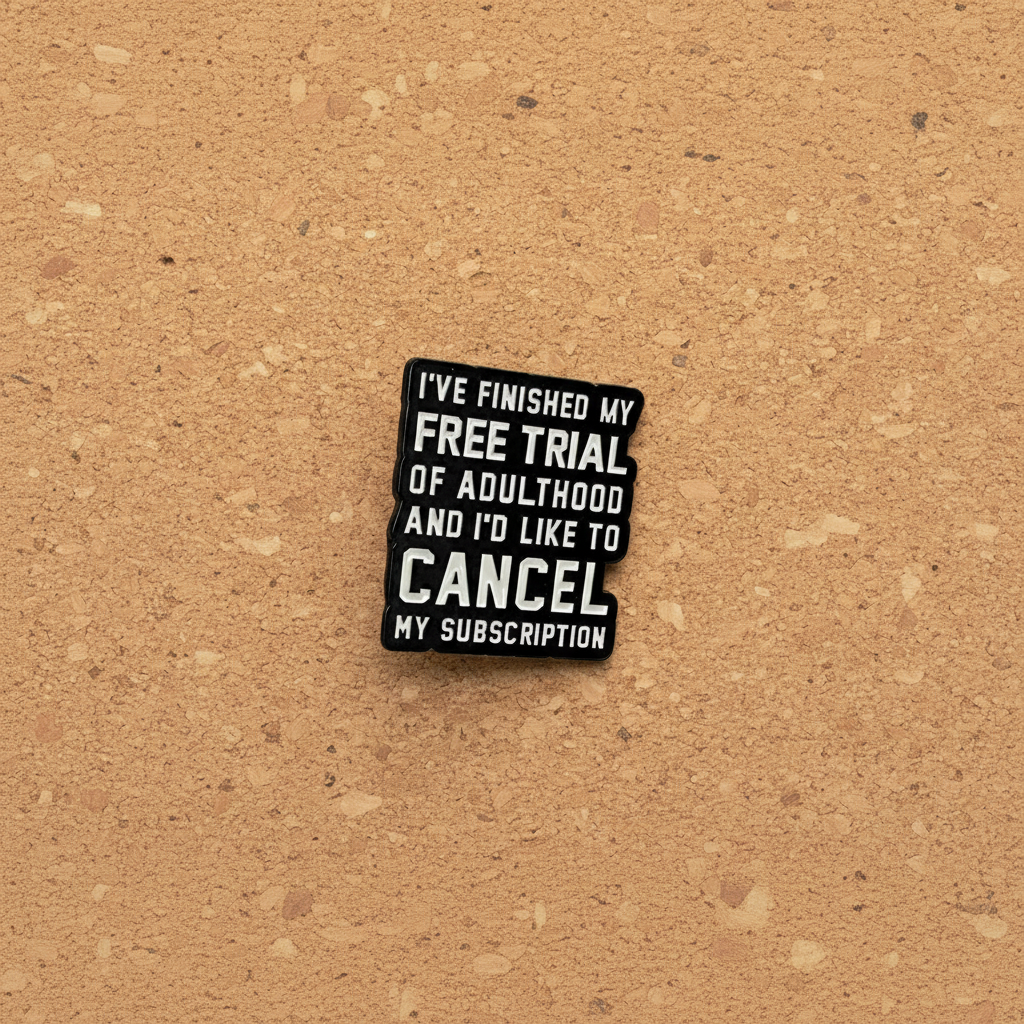 I finished my free trial of adulthood enamel pin displayed on cork board sassy enamel pin for collectors and display