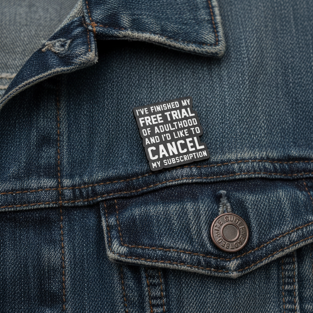 I finished my free trial of adulthood enamel pin worn on denim jacket lapel, sassy pin style for everyday wear