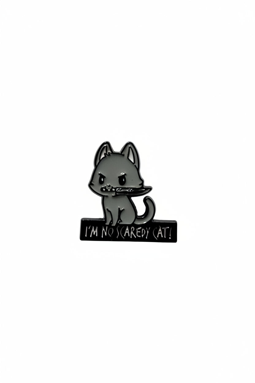 I'm No Scaredy Cat Enamel Pin featuring a cute gray cat, cat gift for jackets and bags 