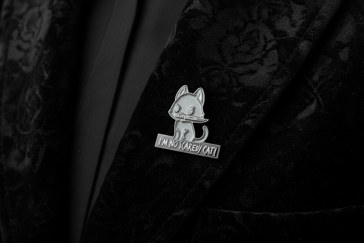 I'm No Scaredy Cat Enamel Pin worn on jacket lapel, spooky pin style for everyday wear