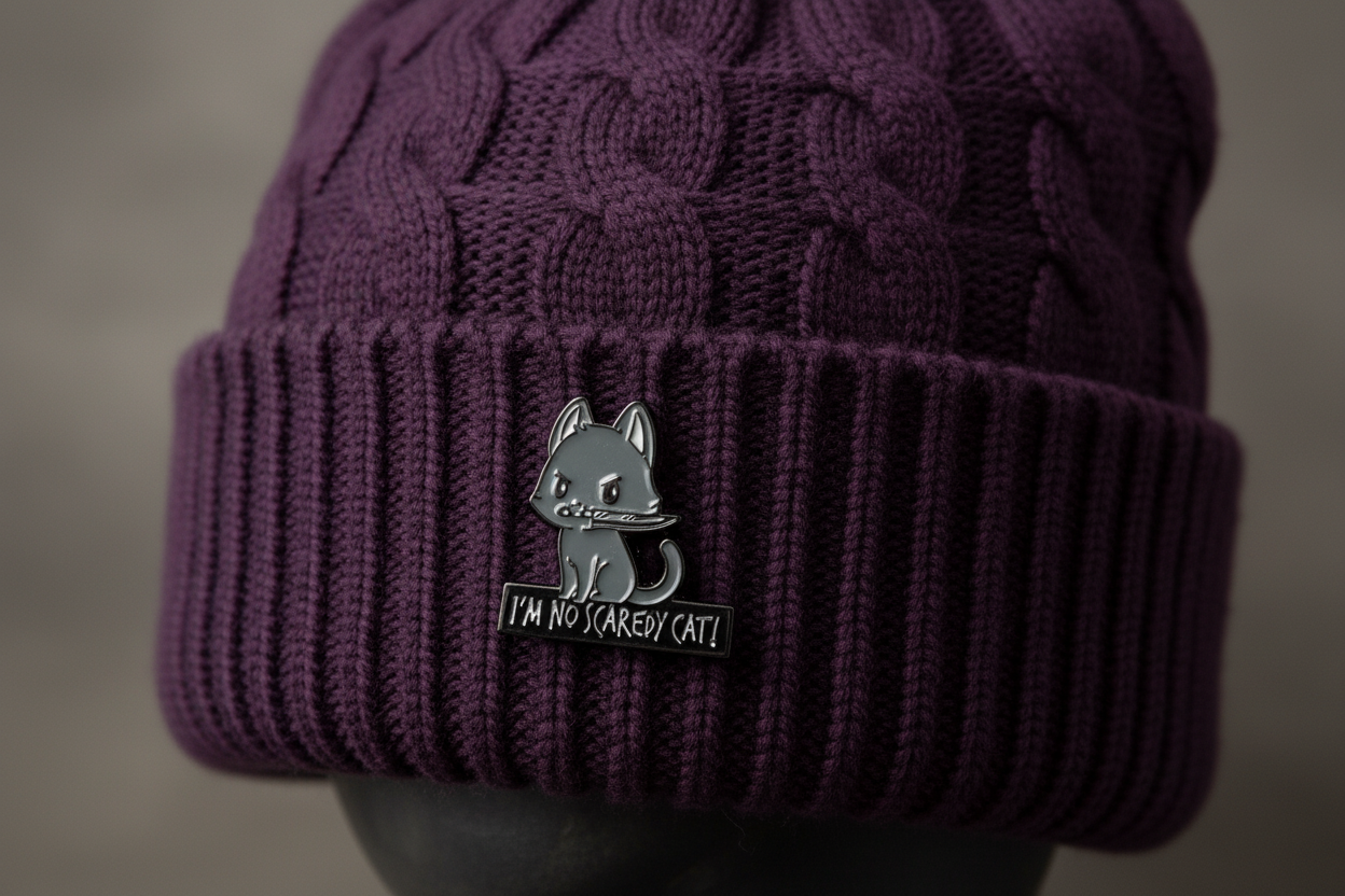 I'm No Scaredy Cat Enamel Pin worn on beanie hat alternative enamel pin for casual outfits and street wear