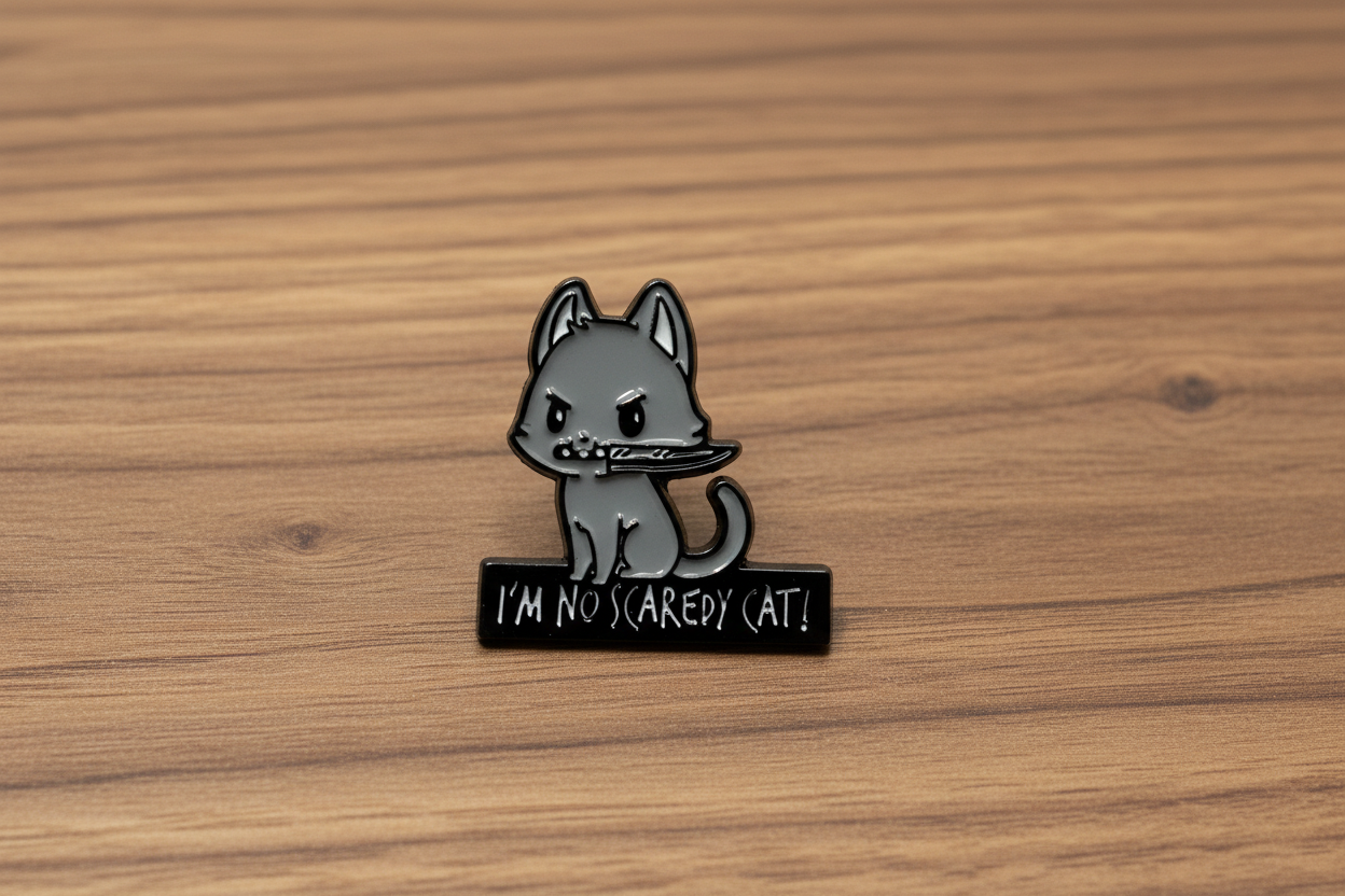 I'm No Scaredy Cat Enamel Pin on wood background spooky enamel pin with gray cat detail
