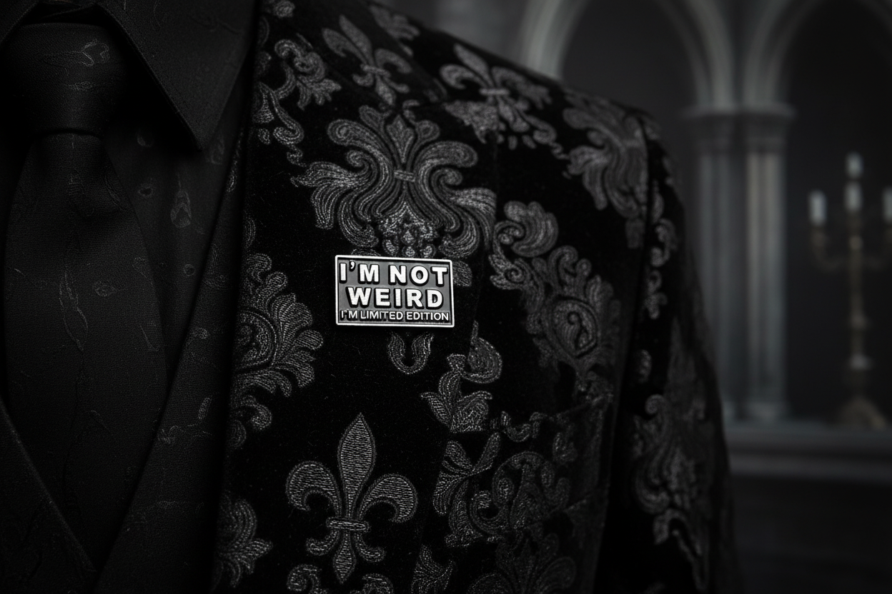 I'm Not weird I'm limited edition enamel pin worn on jacket lapel, goth pin style for everyday wear
