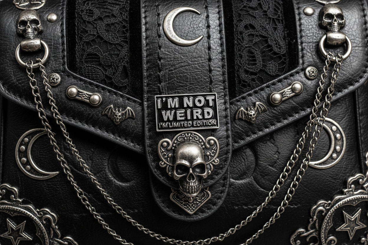I'm Not weird I'm limited edition enamel pin attached to purse witchy brooch accessory for bags and personal style