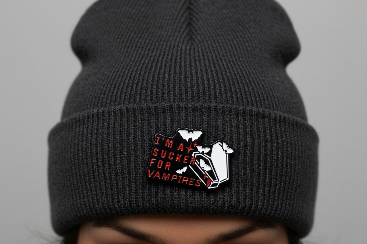 I'm a sucker for vampires enamel pin worn on beanie hat goth enamel pin for casual outfits and street wear