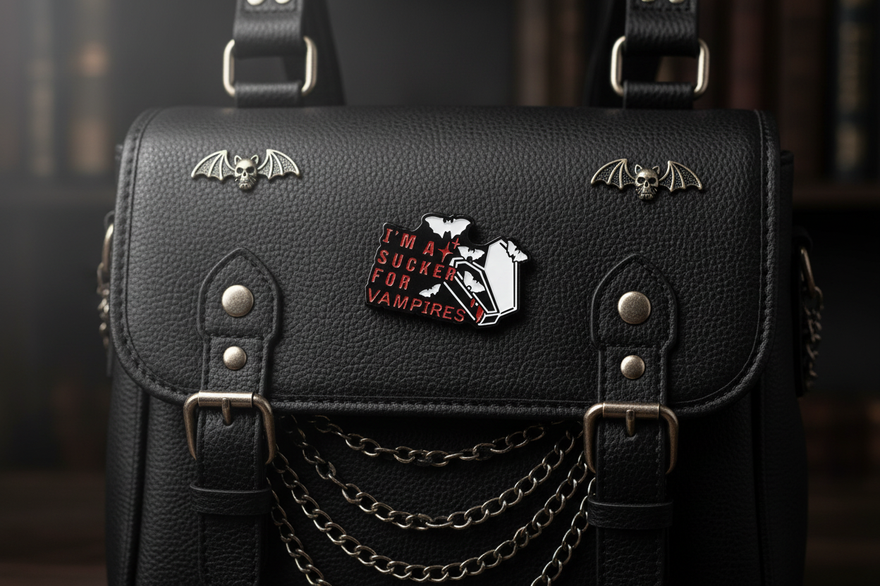 I'm a sucker for vampires enamel pin on backpack gothic accessory for customizing bags and school gear