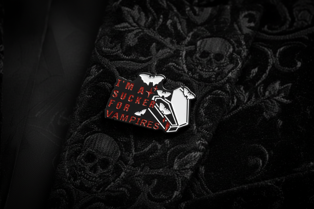 I'm a sucker for vampires enamel pin worn on jacket lapel, occult pin style for everyday wear
