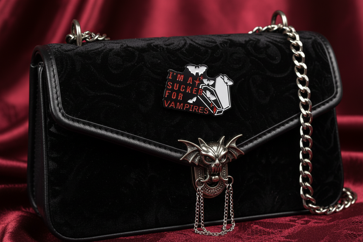 I'm a sucker for vampires enamel pin attached to purse alternative brooch accessory for bags and personal style 
