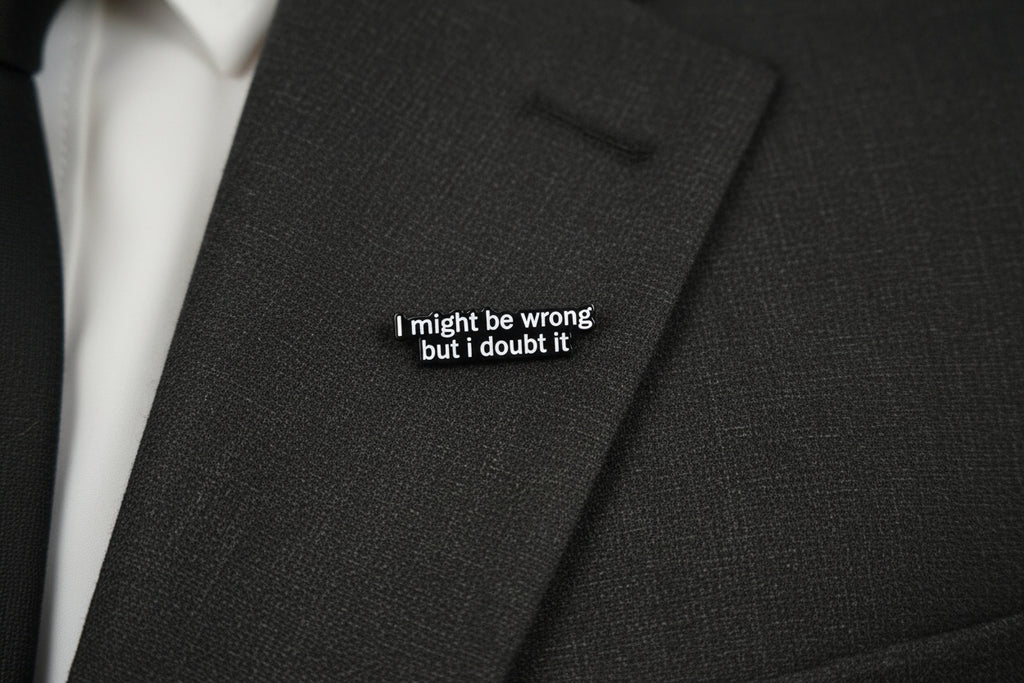 Pin on a lapel background with text 'I might be wrong, but I doubt it'.