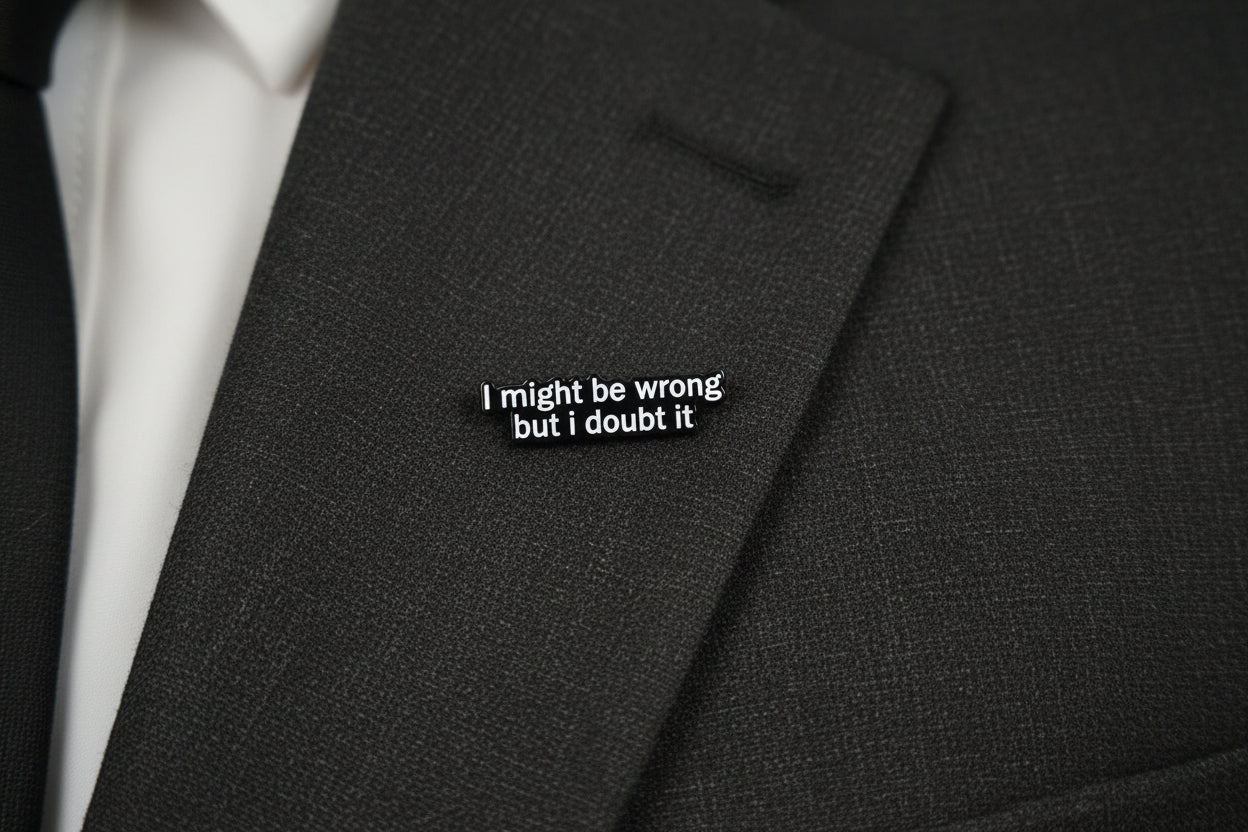 Pin on a lapel background with text 'I might be wrong, but I doubt it'.