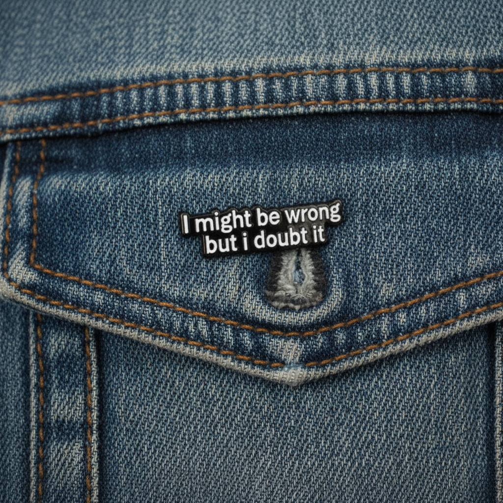 I might be wrong but I doubt it enamel pin worn on denim jacket lapel, sarcastic pin style for everyday wear