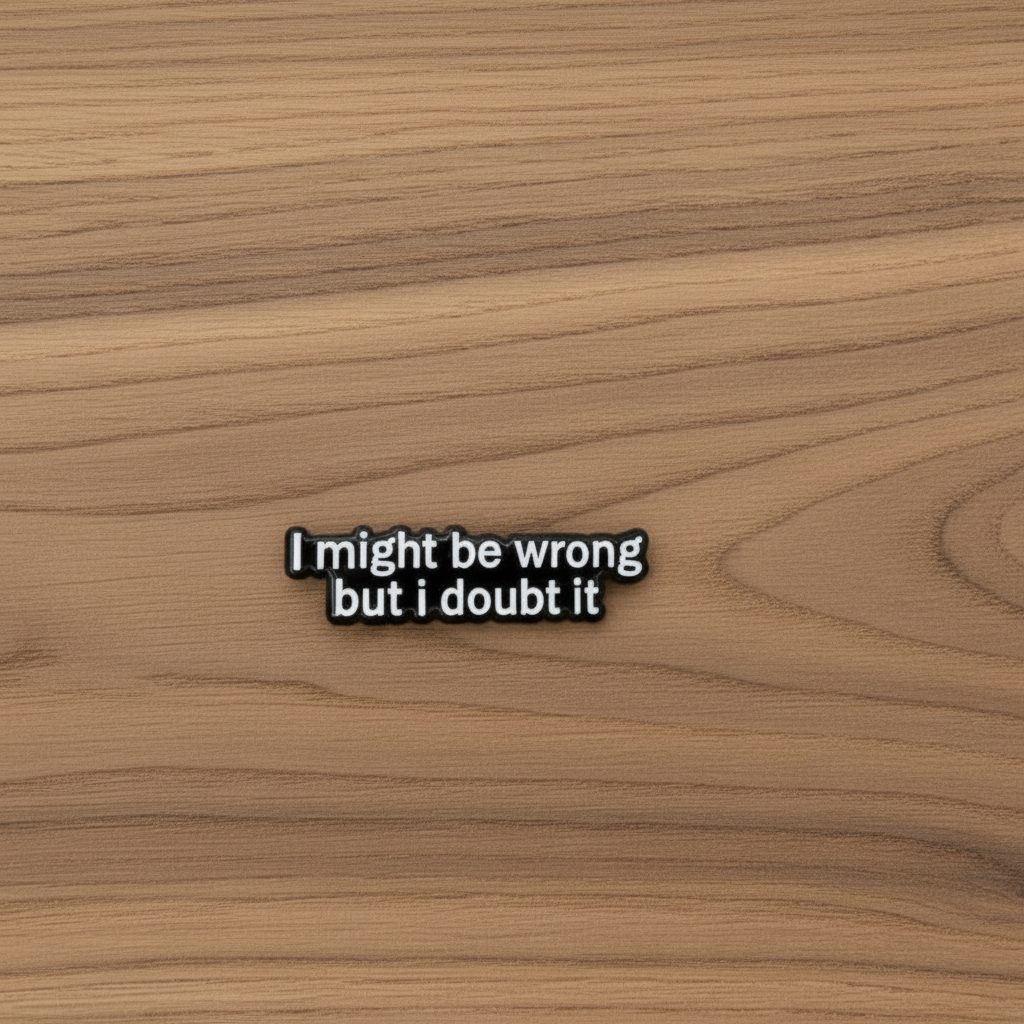 I might be wrong but I doubt it enamel pin on wood background funny enamel pin with black and white text detail
