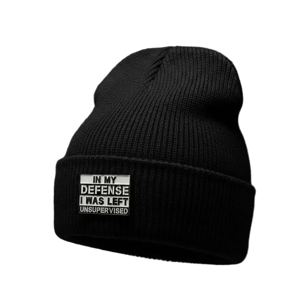 In my defense i was left unsupervised enamel pin worn on beanie hat alternative enamel pin for casual outfits and street wear
