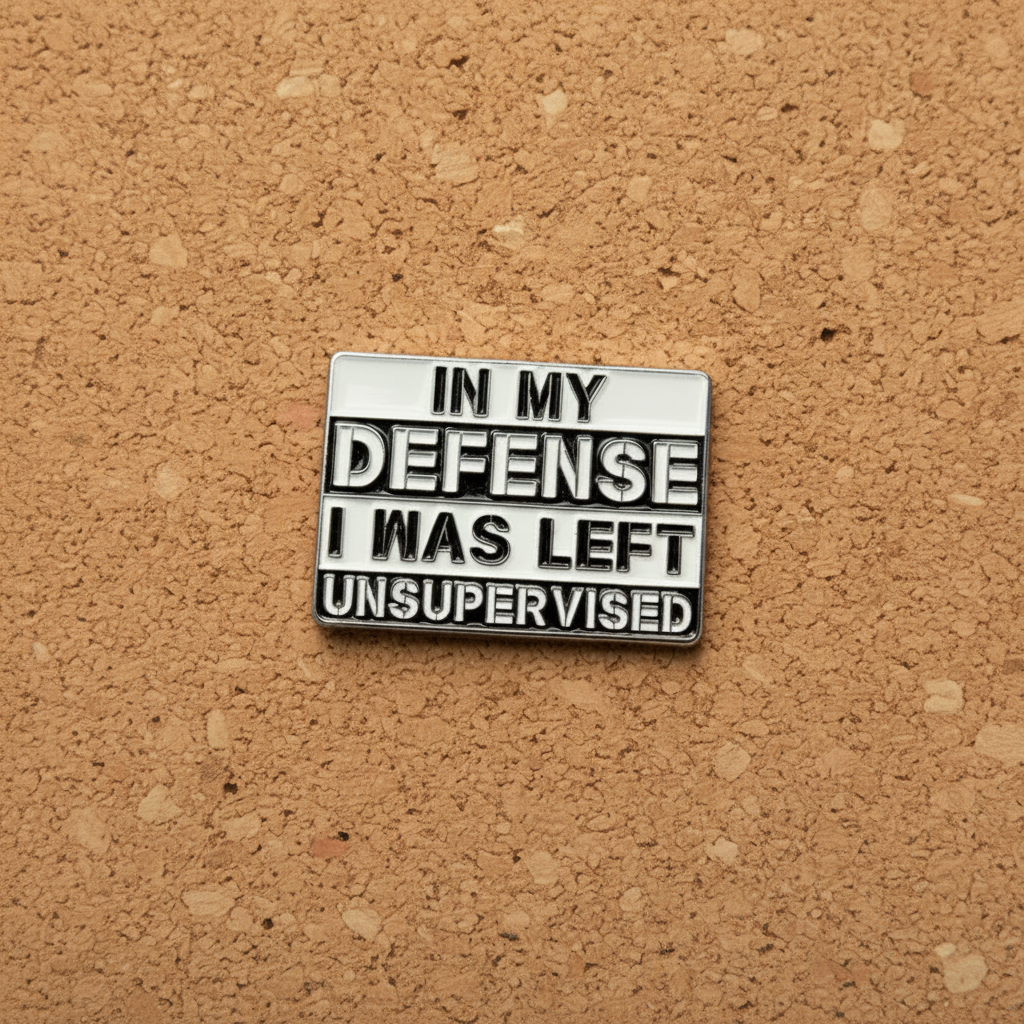 In my defense i was left unsupervised enamel pin displayed on cork board gen z enamel pin for collectors and display