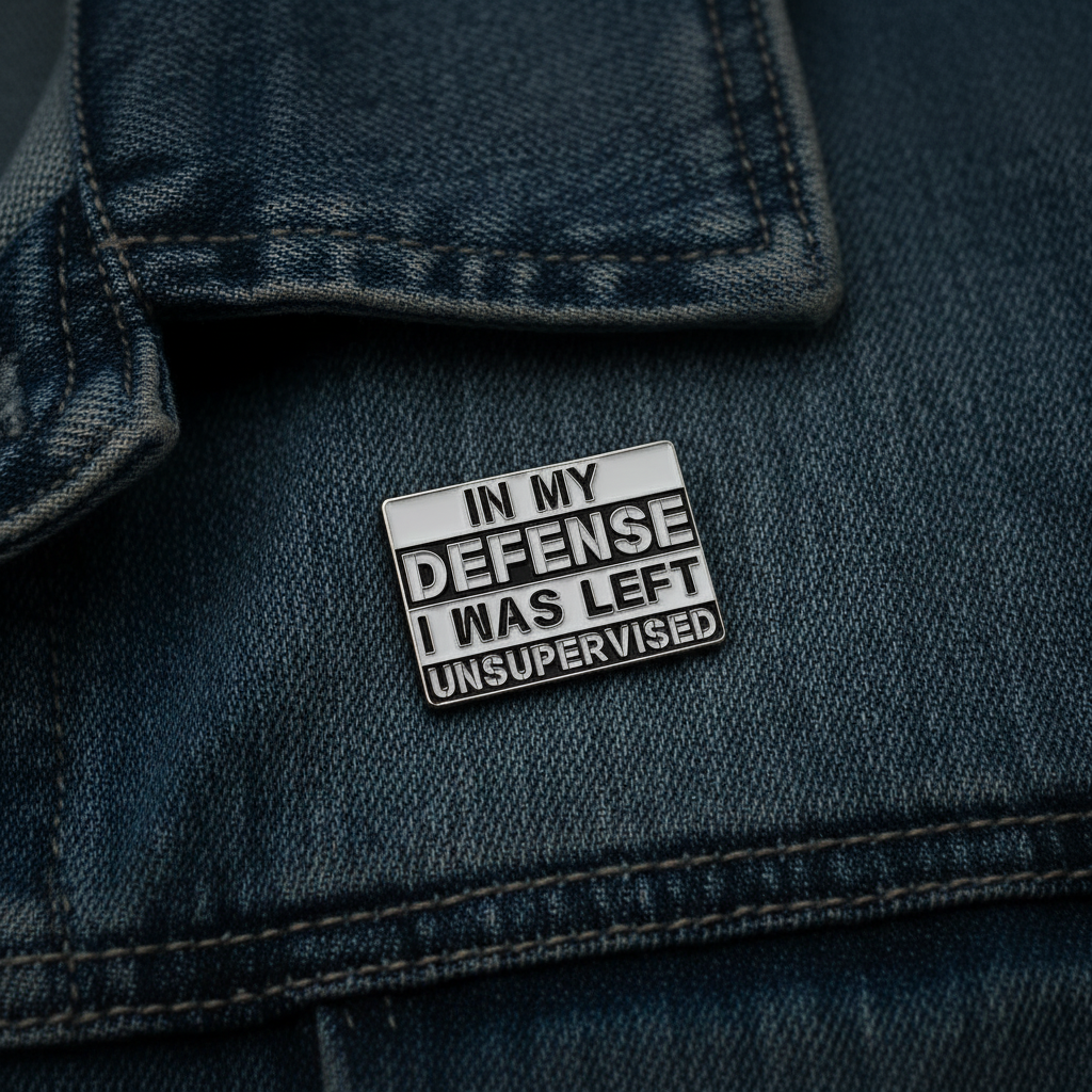 In my defense i was left unsupervised enamel pin worn on denim jacket lapel, sassy pin style for everyday wear
