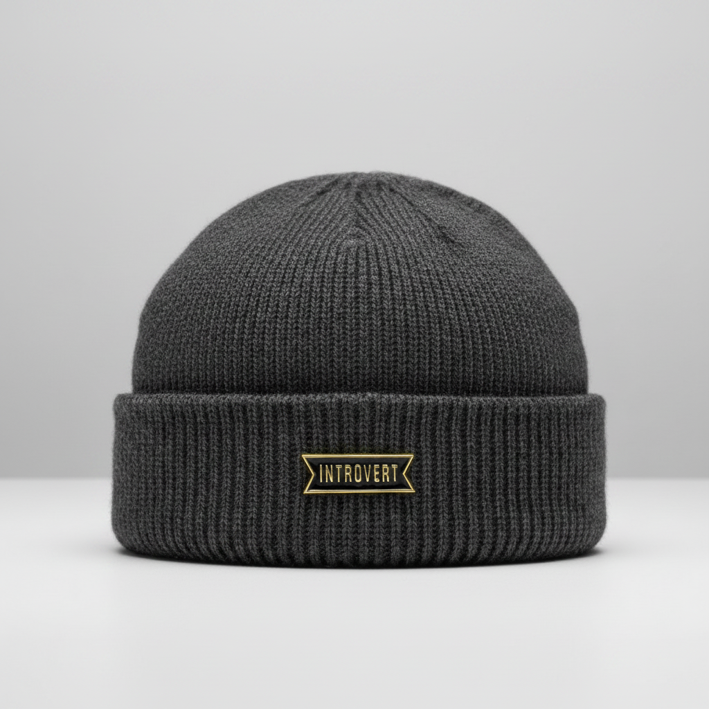 Introvert enamel pin worn on beanie hat alternative enamel pin for casual outfits and street wear