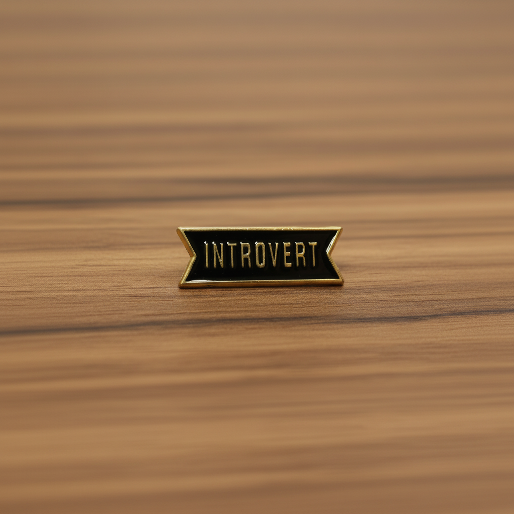 Introvert enamel pin on wood background sassy enamel pin with gold lettering detail
