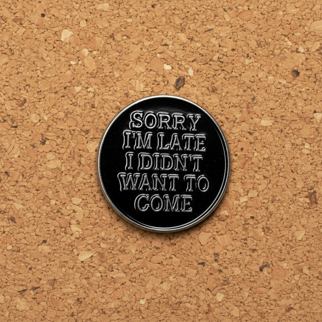 Sorry i'm late I didn't want to come enamel pin displayed on cork board funny enamel pin for collectors and display