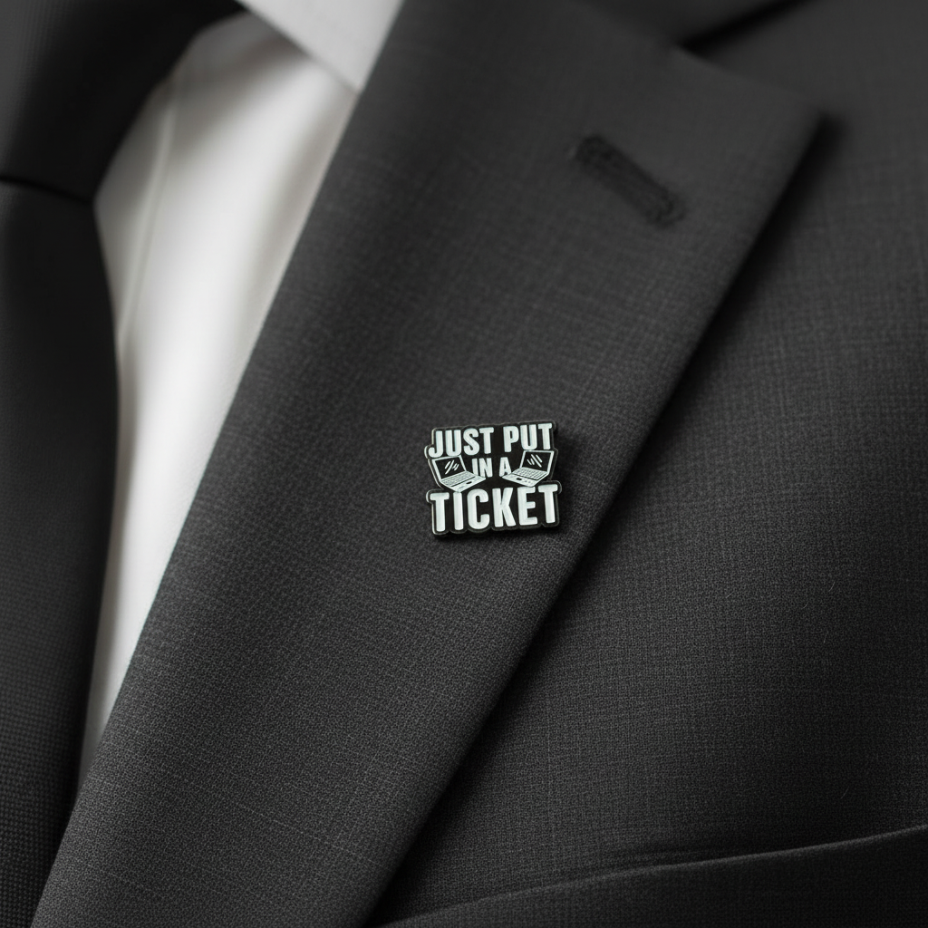 Just put in a ticket enamel pin worn on jacket lapel, sarcastic pin style for everyday wear