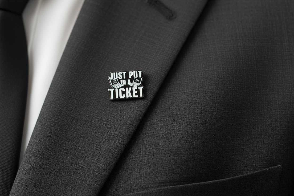 Just Put In A Ticket Enamel Pin - Funny IT Humor Pin, Tech Support Gift, Office Humor Pin, Sarcastic Coworker Lapel Pin