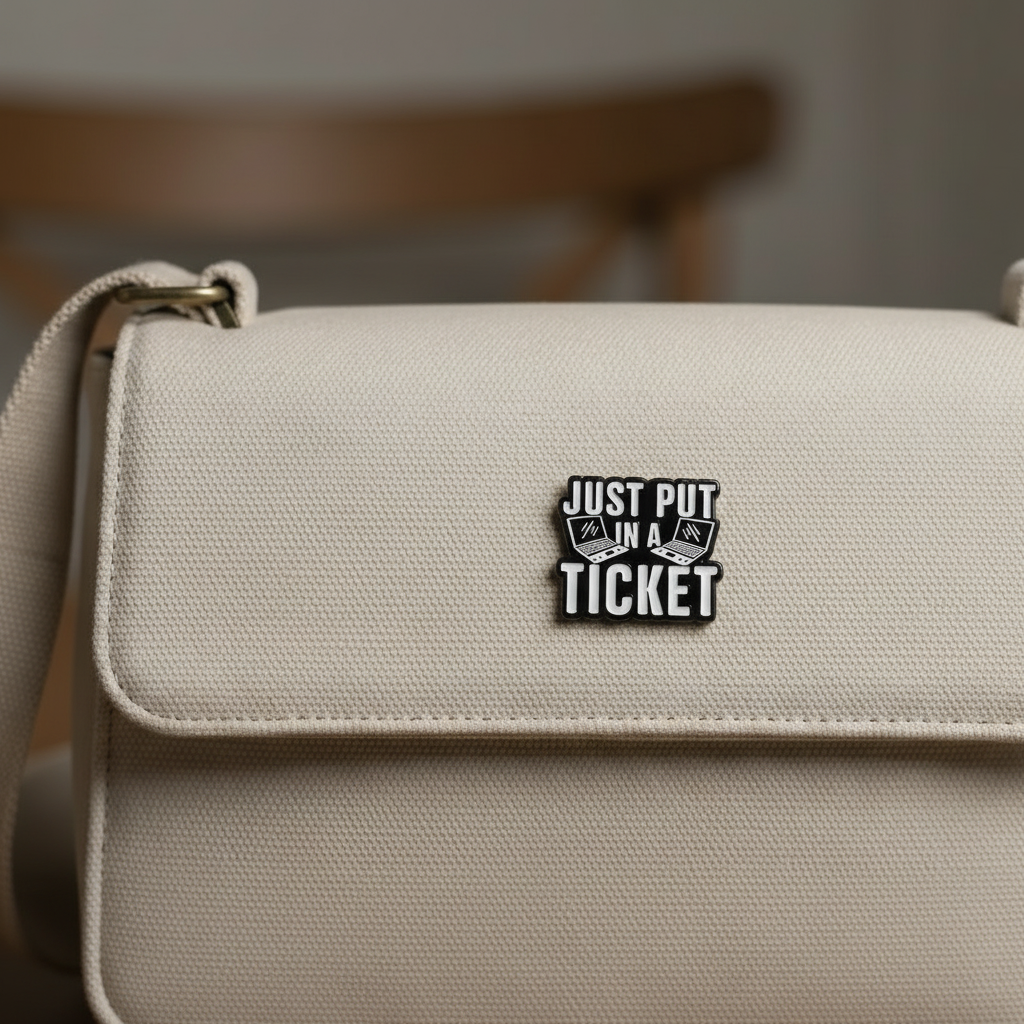 Just put in a ticket enamel pin attached to purse work meme brooch accessory for bags and personal style