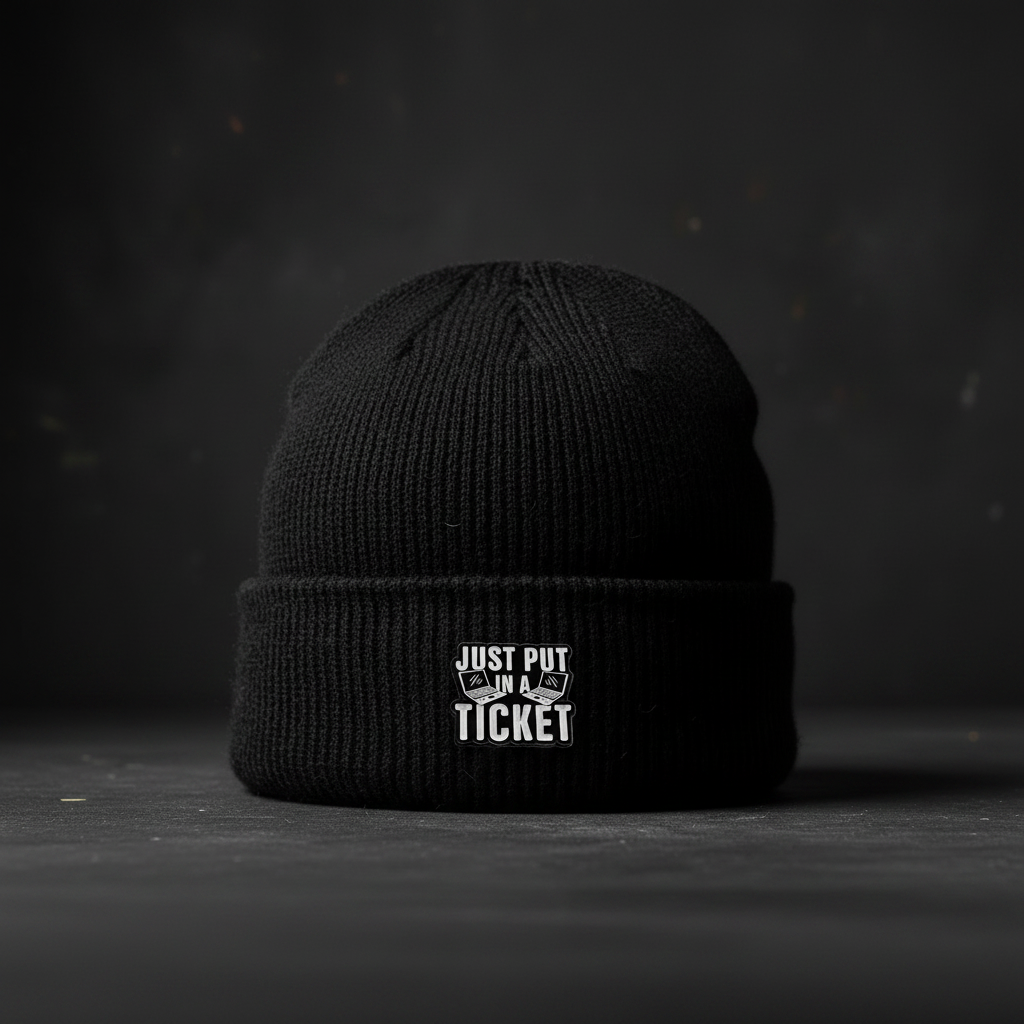 Just put in a ticket enamel pin worn on beanie hat alternative enamel pin for casual outfits and street wear