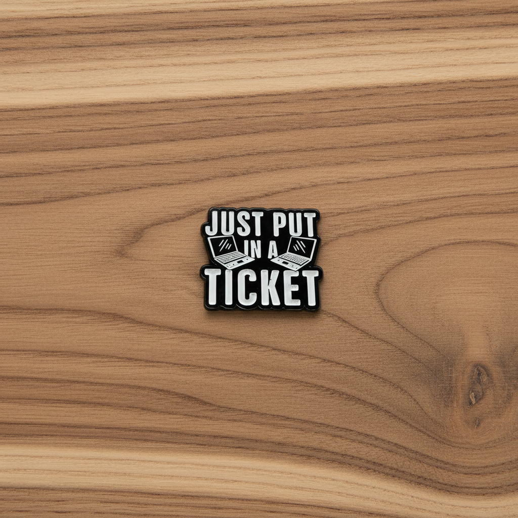 Just put in a ticket enamel pin on wood background funny enamel pin with laptop detail