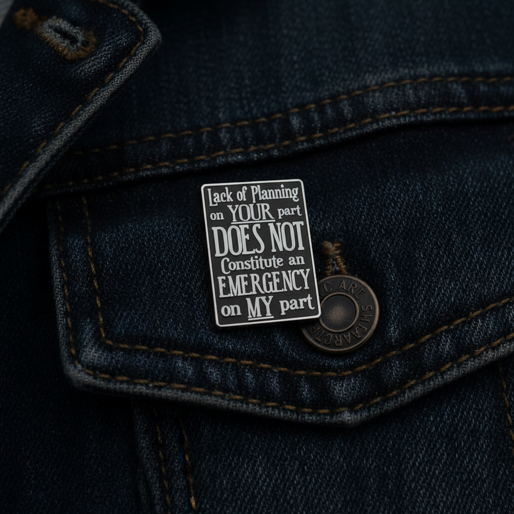 Lack of planning on your part does not constitue an emergency on my part enamel pin worn on jacket lapel, sassy pin style for everyday wear