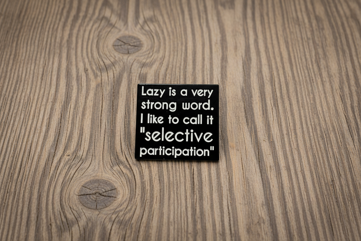 Lazy Is A Strong Word. I Like To Call It Selective Participation Enamel Pin - Funny Enamel Pin, ADHD Meme Pin, Backpack and Lapel Pin