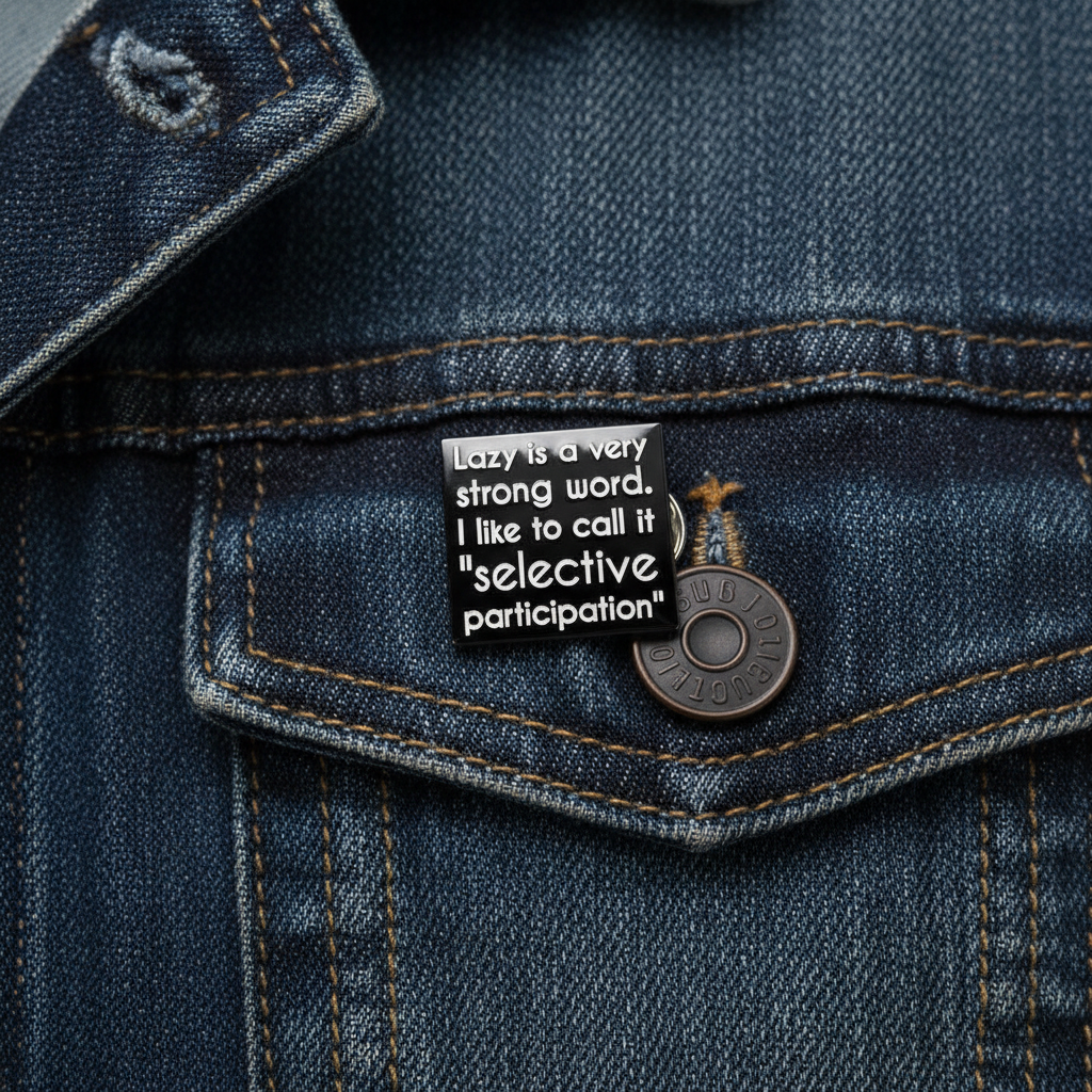 lazy is a very strong word. I like to call it selective participation enamel pin worn on jacket lapel, funny pin style for everyday wear