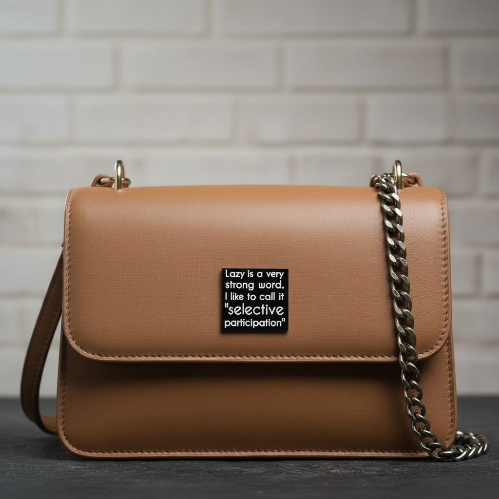 lazy is a very strong word. I like to call it selective participation enamel pin attached to purse funny brooch accessory for bags and personal style