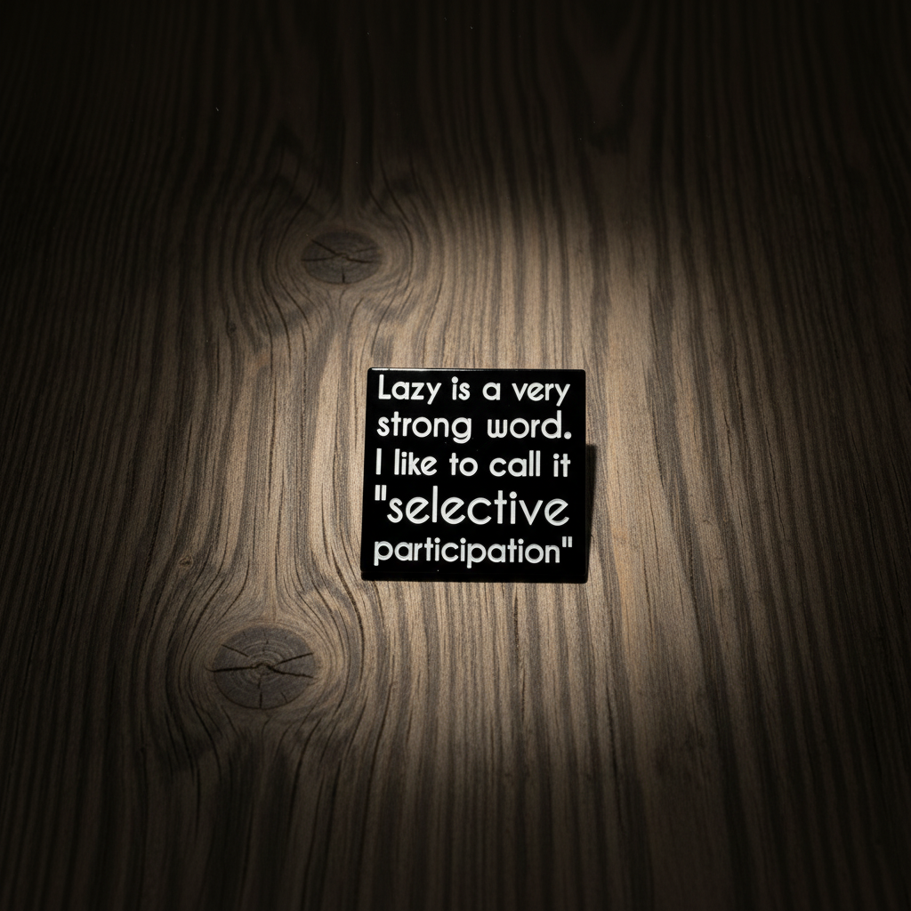 lazy is a very strong word. I like to call it selective participation enamel pin on wood background funnyenamel pin with black and white text detail