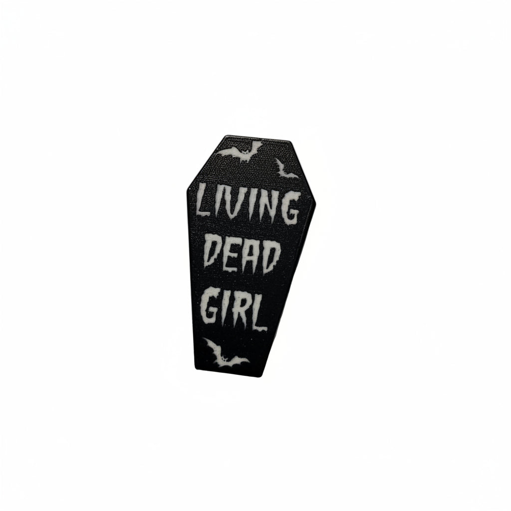 Living Dead Girl Enamel Pin featuring coffin design, goth gift for jackets and bags 