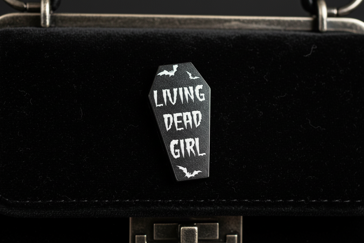 Living Dead Girl Enamel Pin attached to purse Halloween brooch accessory for bags and personal style