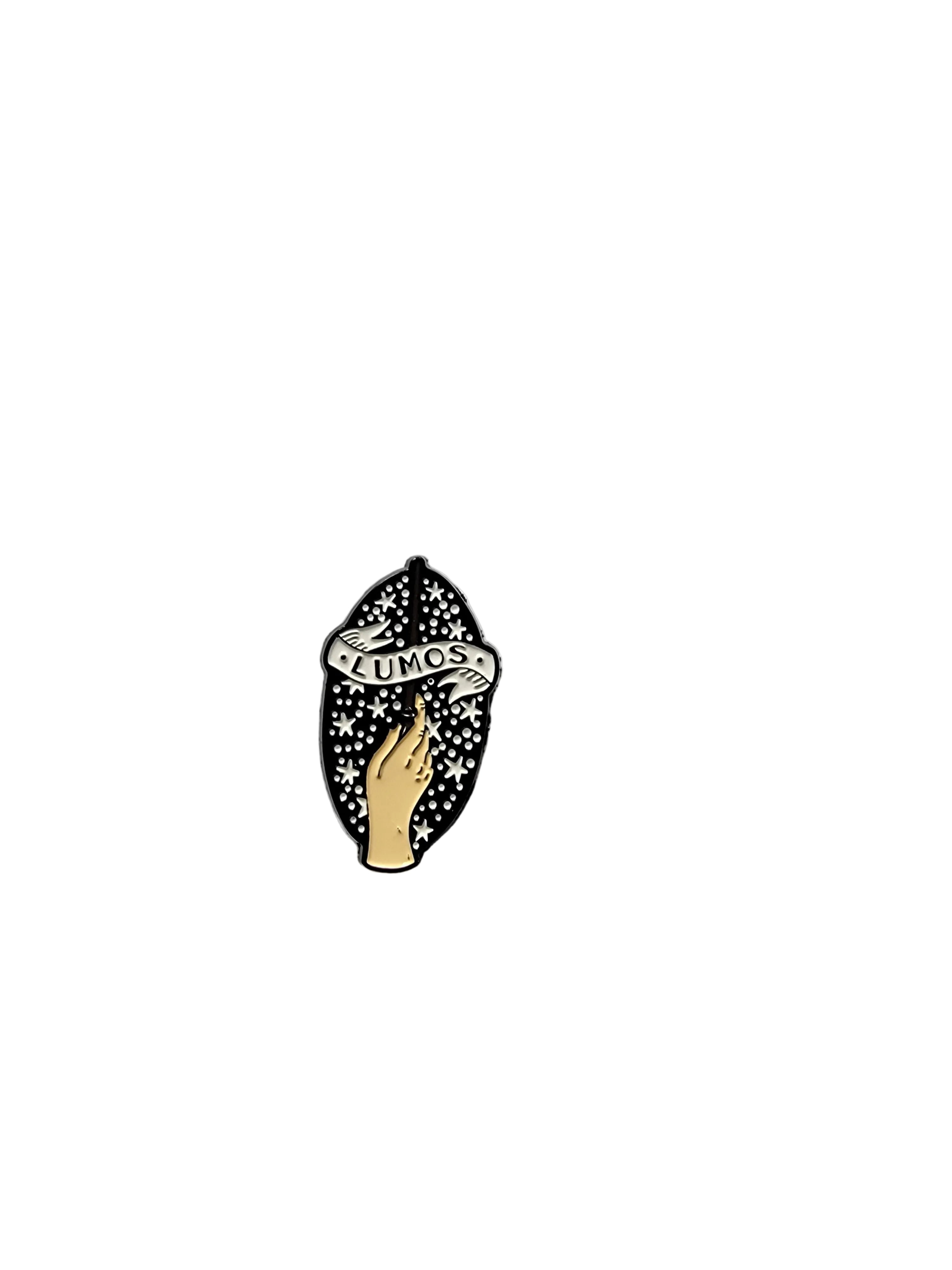 Lumos Enamel Pin featuring hand holding a wand design, witchy gift for jackets and bags 