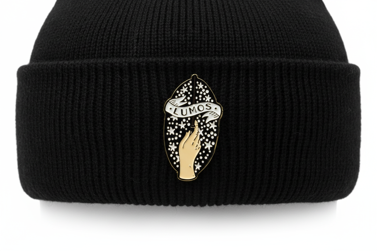 Lumos Enamel Pin worn on beanie hat alternative enamel pin for casual outfits and street wear