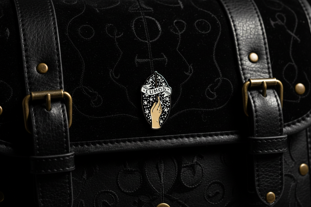 Lumos Enamel Pin on backpack magical accessory for customizing bags and school gear