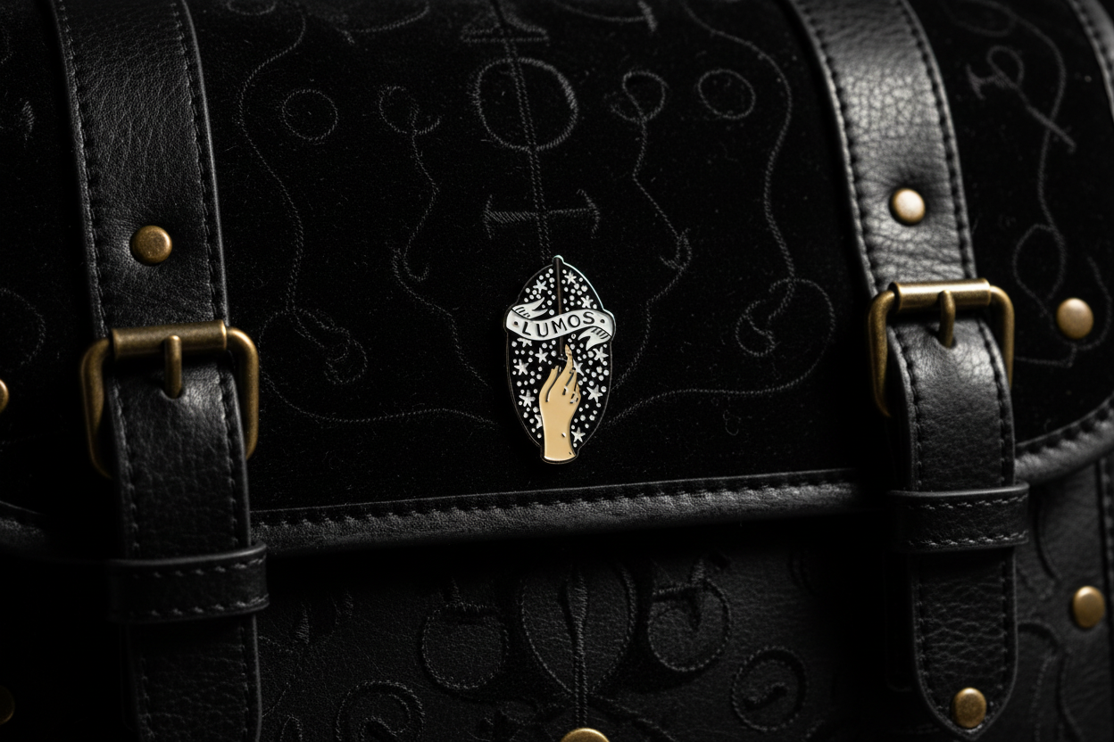 Lumos Enamel Pin on backpack magical accessory for customizing bags and school gear