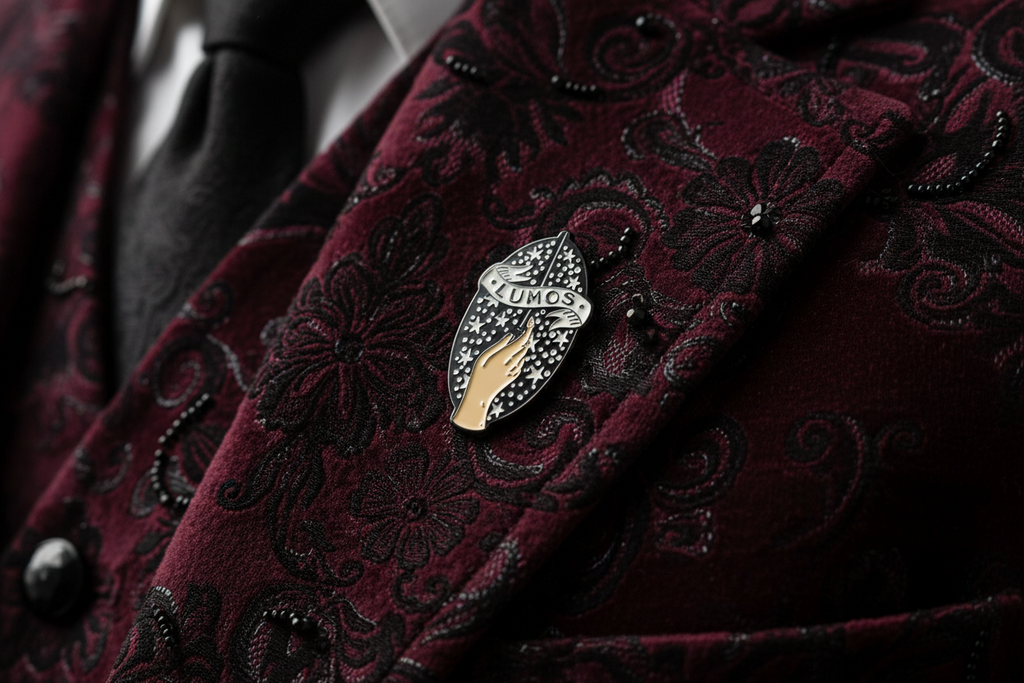 Lumos Enamel Pin worn on jacket lapel, gothic pin style for everyday wear