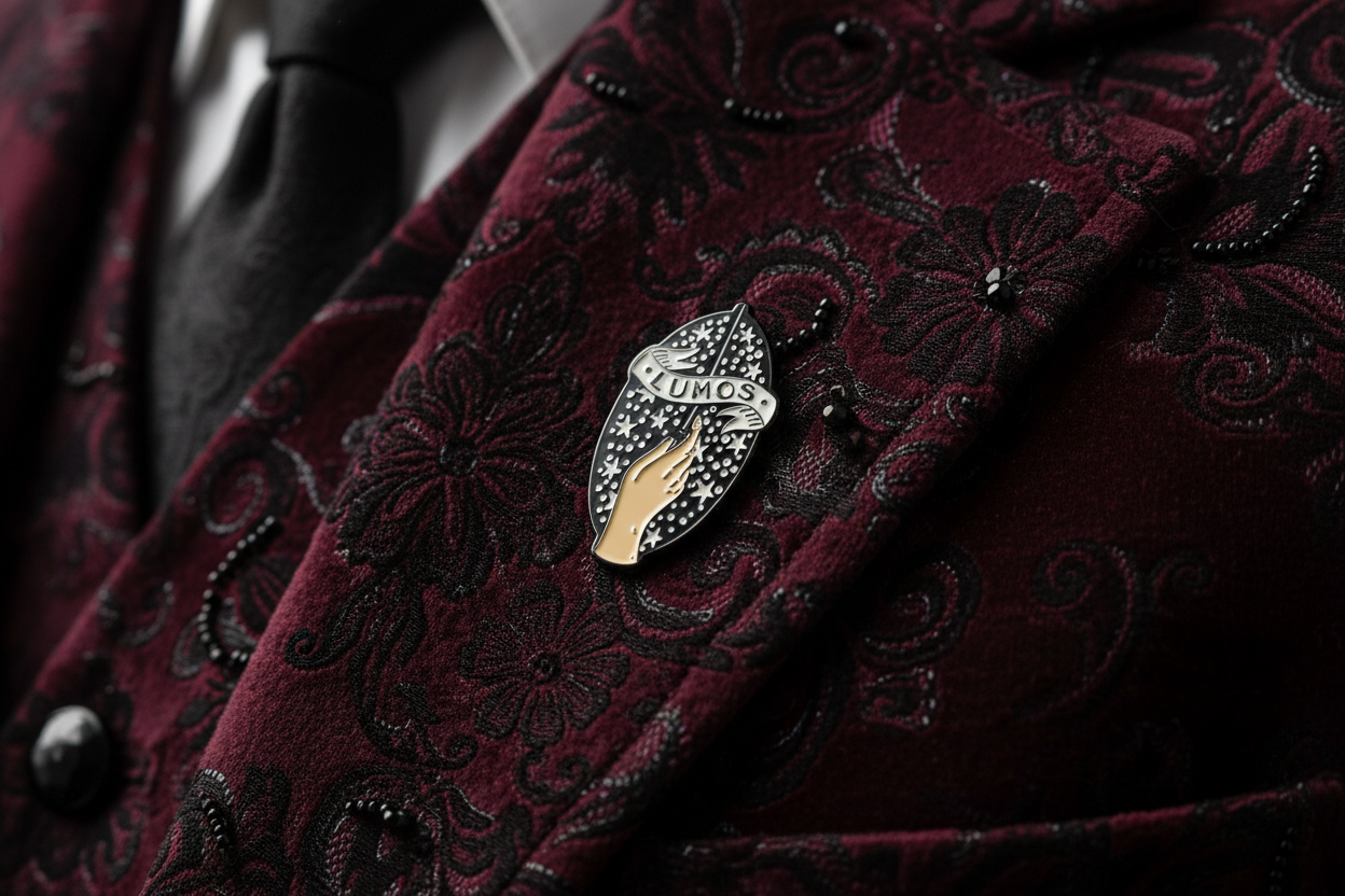 Lumos Enamel Pin worn on jacket lapel, gothic pin style for everyday wear