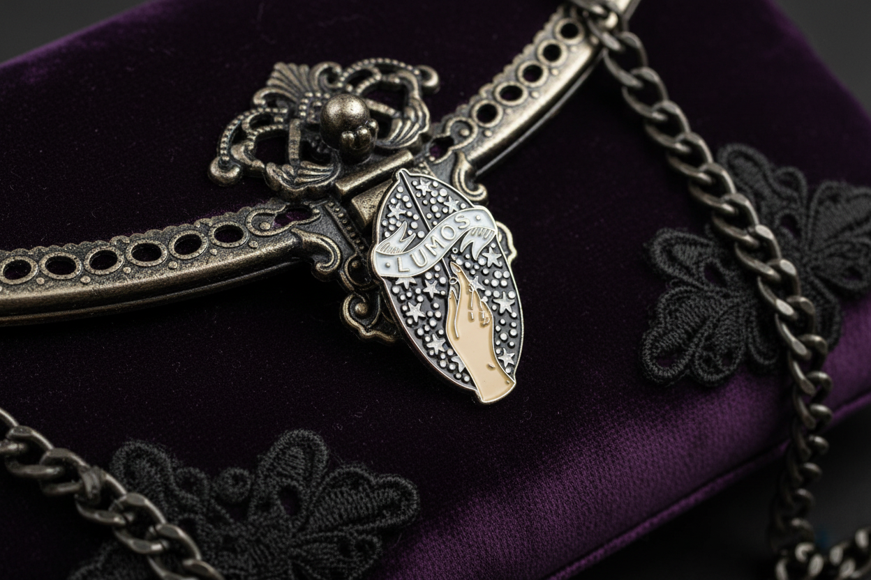 Lumos Enamel Pin attached to purse witchy brooch accessory for bags and personal style