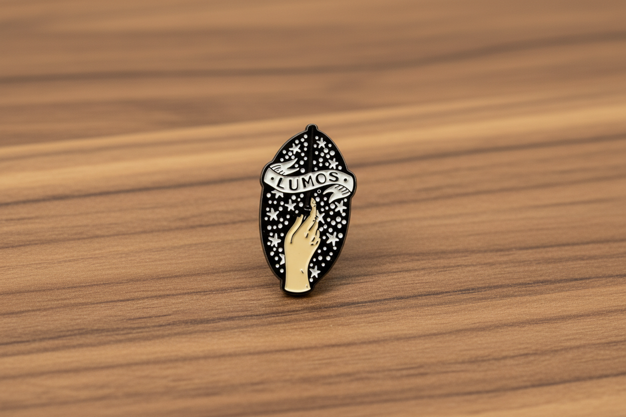 Lumos Enamel Pin on wood background  enamel pin with wand sparkle detail