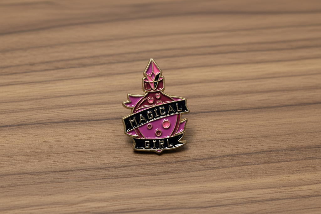 magical girl enamel pin on wood background witchy enamel pin with bottle detail